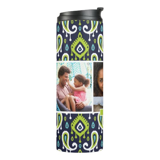 Navy and Green Ikat Paisley Custom Photo Monogram Thermosbeker (Gedraaid links)