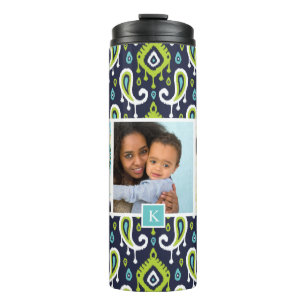 Navy and Green Ikat Paisley Custom Photo Monogram Thermosbeker