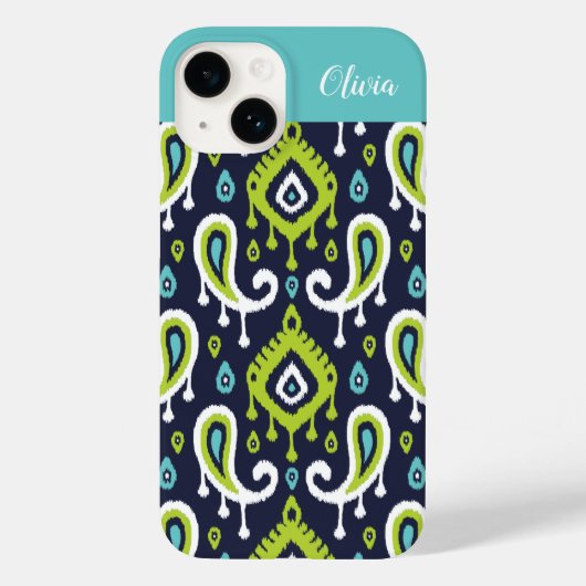 Navy and Green Ikat Paisley Monogram Case-Mate iPhone Case (Achterkant)