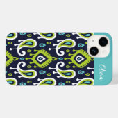 Navy and Green Ikat Paisley Monogram Case-Mate iPhone Case (Achterkant (horizontaal))