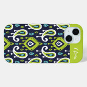 Navy and Green Ikat Paisley Monogram Case-Mate iPhone Case (Achterkant (horizontaal))
