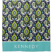 Navy and Green Ikat Paisley Monogram Douchegordijn (Voorkant)