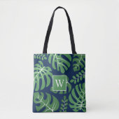 Navy and Green Monogrammed Monstera Leaves Tote Bag (Voorkant)