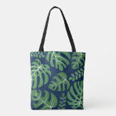 Navy and Green Monogrammed Monstera Leaves Tote Bag (Achterkant)