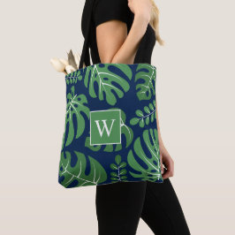 Navy and Green Monogrammed Monstera Leaves Tote Bag
