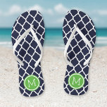 Navy and Green Moroccan Quatrefoil Monogram Teenslippers<br><div class="desc">Aangepast gedrukte flip flop sandalen met een stijlvol Marokkaans quatrefoliepatroon en uw aangepast monogram of andere tekst in een cirkelvormig lijst. Klik aanpassen het om tekstdoopvonten en kleuren te veranderen of uw eigen afbeeldingen toe te voegen om unieke één van een soortontwerp te creëer!</div>