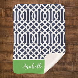 Navy and Green Trellis Monogram | bewerkbare kleur Sherpa Deken