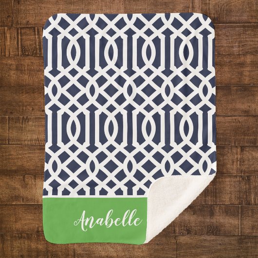 Navy and Green Trellis Monogram | bewerkbare kleur Sherpa Deken