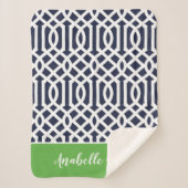 Navy and Green Trellis Monogram | bewerkbare kleur Sherpa Deken (Voorkant)