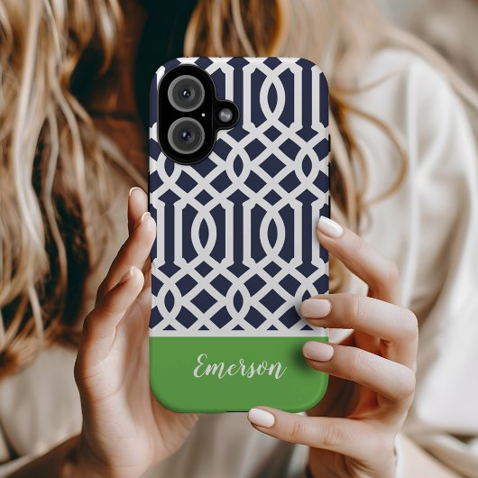 Navy and Green Trellis Monogram Case-Mate iPhone Case