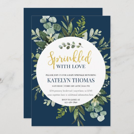 Navy and Greenery Wreath Baby Sprinkle Kaart (Voorkant / Achterkant)