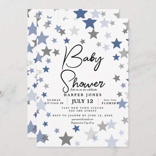 navy and grey star Baby shower Nodig sip & see uit Kaart (Voorkant / Achterkant)