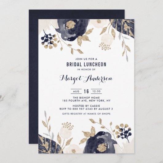 Navy and Ivory Flowers Gold Foil Bridal Luncheon Kaart (Voorkant / Achterkant)