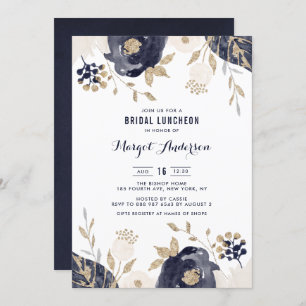 Navy and Ivory Flowers Gold Foil Bridal Luncheon Kaart