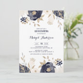 Navy and Ivory Flowers Gold Foil Quinceanera Kaart (Staand voorkant)