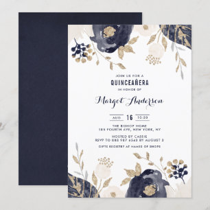 Navy and Ivory Flowers Gold Foil Quinceanera Kaart