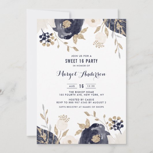 Navy and Ivory Flowers Gold Foil Sweet Sixteen Kaart (Voorkant)