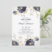Navy and Ivory Flowers Gold Foil Sweet Sixteen Kaart (Staand voorkant)