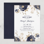 Navy and Ivory Flowers Gold Foil Sweet Sixteen Kaart (Voorkant / Achterkant)