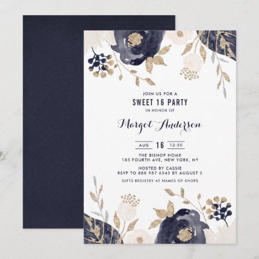 Navy and Ivory Flowers Gold Foil Sweet Sixteen Kaart (Voorkant / Achterkant)