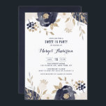 Navy and Ivory Flowers Gold Foil Sweet Sixteen Kaart<br><div class="desc">Nodig familie en vrienden uit voor je lieflijke zestien feest met deze elegante uitnodiging. Het is voorzien van blauw en ivoren waterverf en bladerblad met faux golfoil en glitter accents. Personaliseer door uw eigen gebeurtenisdetails toe te voegen. U kunt een foto of ander afbeelding aan de rug van de uitnodiging...</div>