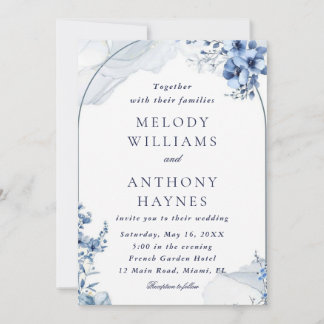 Navy and light blue watercolor floral wedding kaart