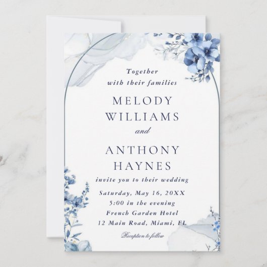 Navy and light blue watercolor floral wedding kaart (Voorkant)