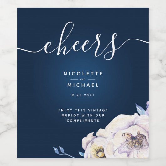 Navy and Lila Roos Wedding Wijn Etiket (Enkel label)