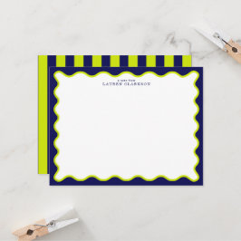 Navy and Lime Striped Back Wavy Frame Note Card Kaart