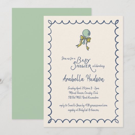 Navy and Mint Doodle Rattle and Bow Baby Shower Kaart (Voorkant / Achterkant)
