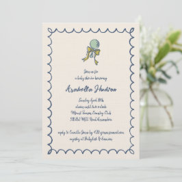 Navy and Mint Doodle Rattle and Bow Baby Shower Kaart