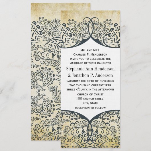 Navy and Mustard Love Bird Paisley Pattern Wedding Kaart (Voorkant / Achterkant)