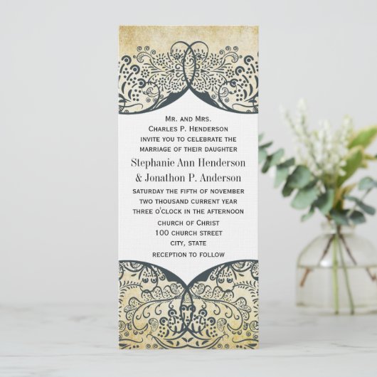 Navy and Mustard Love Bird Paisley Pattern Wedding Kaart (Staand voorkant)
