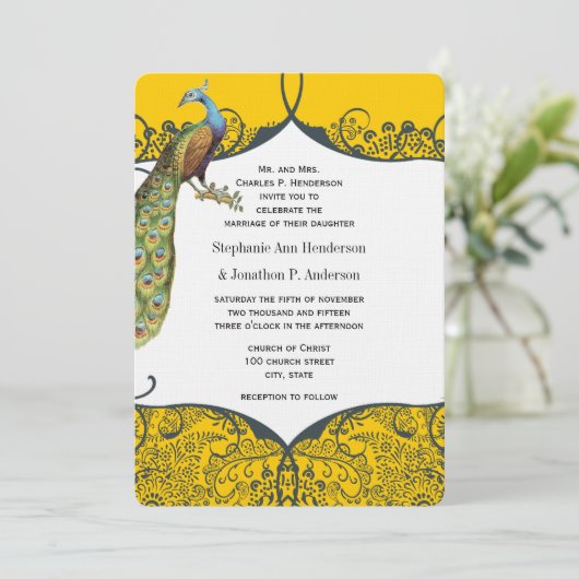 Navy and Mustard Peacock Love Bird Pattern Weddens Kaart (Staand voorkant)