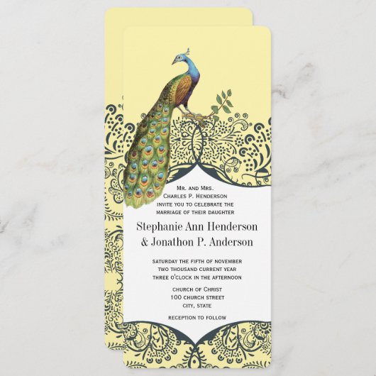 Navy and Mustard Peacock Love Bird Pattern Weddens Kaart (Voorkant / Achterkant)