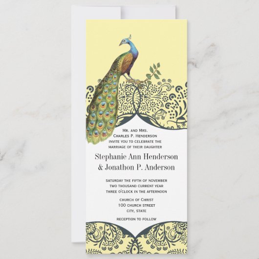 Navy and Mustard Peacock Love Bird Pattern Weddens Kaart (Voorkant)