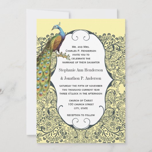 Navy and Mustard Peacock Love Bird Pattern Weddens Kaart (Voorkant)