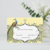 Navy and Mustard Peacock Love Bird Pattern Weddens RSVP Kaartje (Staand voorkant)
