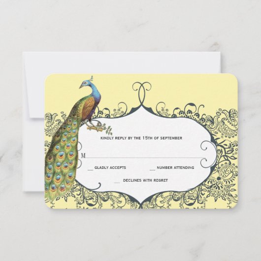 Navy and Mustard Peacock Love Bird Pattern Weddens RSVP Kaartje (Voorkant)
