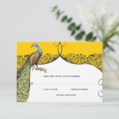 Navy and Mustard Peacock Love Bird Pattern Weddens RSVP Kaartje (Staand voorkant)