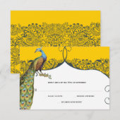 Navy and Mustard Peacock Love Bird Pattern Weddens RSVP Kaartje (Voorkant / Achterkant)