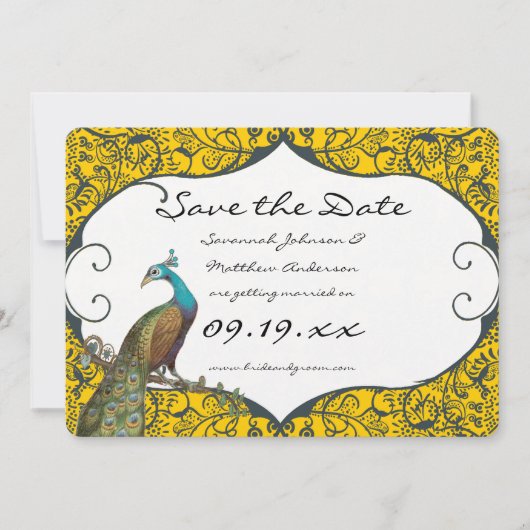 Navy and Mustard Peacock Love Bird Save the Date Kaart (Voorkant)