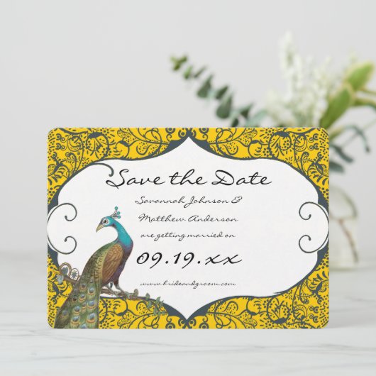 Navy and Mustard Peacock Love Bird Save the Date Kaart (Staand voorkant)
