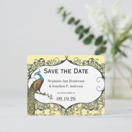 Navy and Mustard Peacock Love Bird Save the Date Kaart (Staand voorkant)