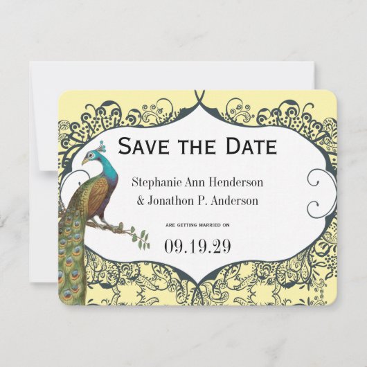 Navy and Mustard Peacock Love Bird Save the Date Kaart (Voorkant)