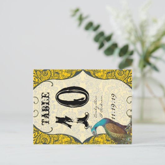 Navy and Mustard Peacock Love Bird Table Number Briefkaart (Staand voorkant)