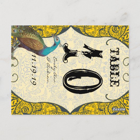 Navy and Mustard Peacock Love Bird Table Number Briefkaart (Achterkant)
