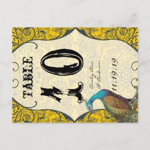 Navy and Mustard Peacock Love Bird Table Number Briefkaart