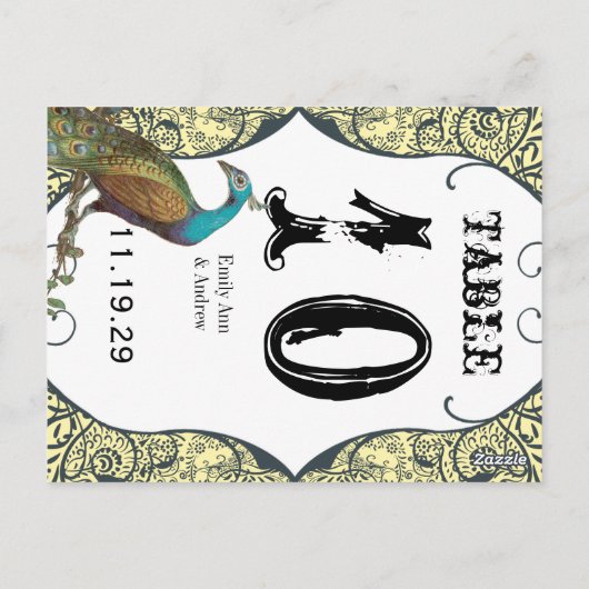 Navy and Mustard Peacock Love Bird Table Number Briefkaart (Achterkant)