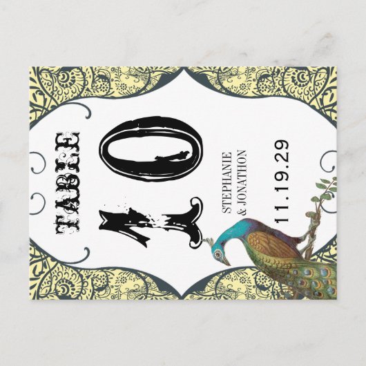 Navy and Mustard Peacock Love Bird Table Number Briefkaart (Voorkant)